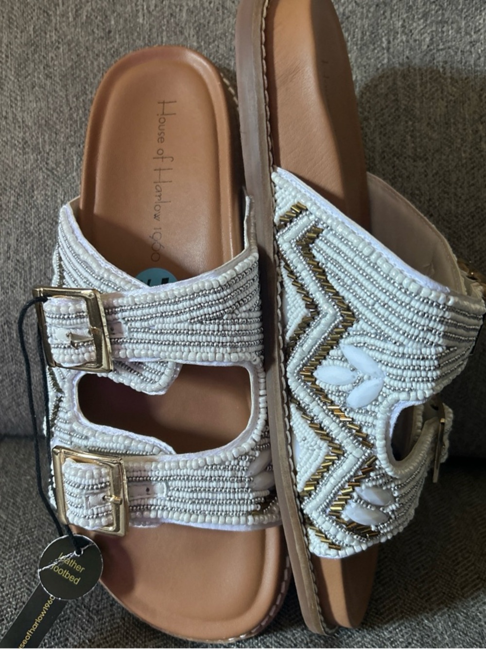 House of Harlow 1960 White Beaded Slide Sandals with Gold Accents
